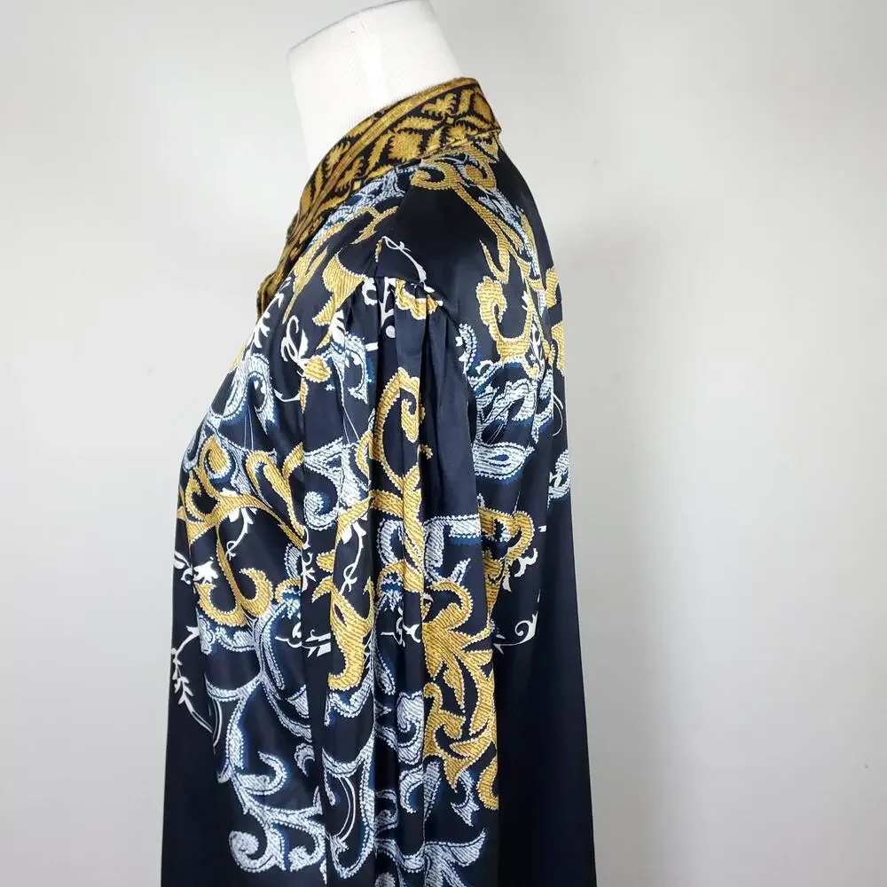 Chico’s Sz 1 Ruched Cuff Placed Print Tunic Top Button Down Chicos Sz M / 8 - Picture 10 of 16
